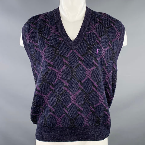YVES SAINT LAURENT Vintage Size M Purple Knots Wool Blend V-Neck Vest