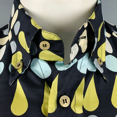 GENE MEYER Size L Black White Green Geometric Silk Button Down Long Sleeve Shirt