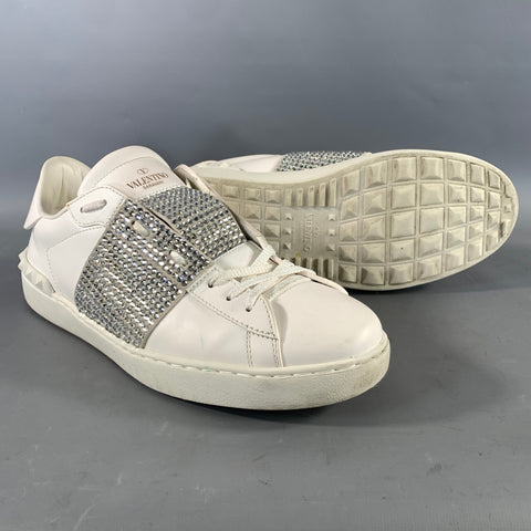 VALENTINO GARAVANI Size 11 White Rhinestone Leather Low Top Sneakers
