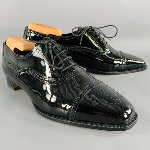 MANOLO BLAHNIK Size 10.5 Black Perforated Patent Leather Cap Toe Shoes