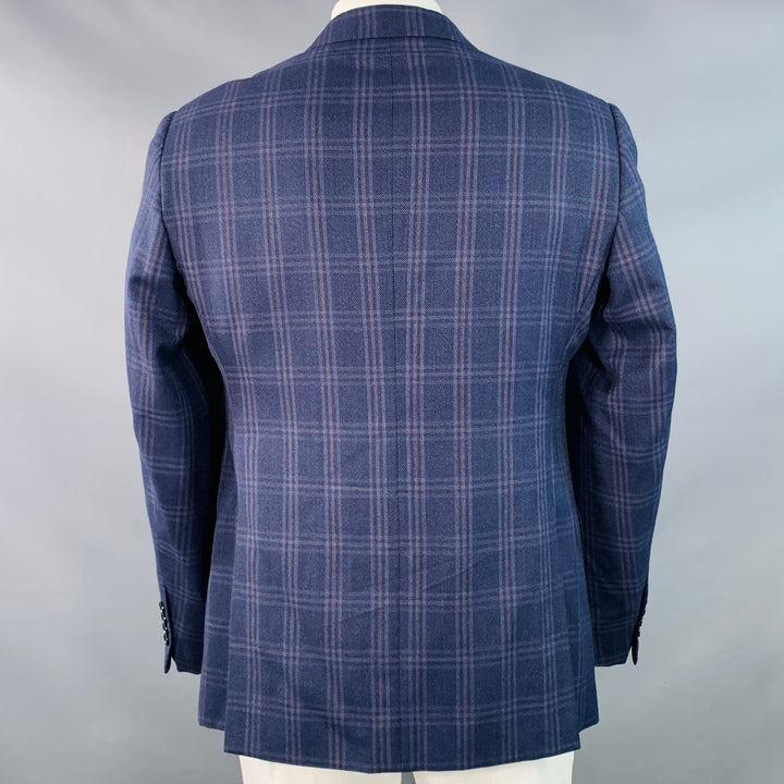 ARMANI COLLEZIONI Size 44 Navy Blue Brown Plaid Virgin Wool Notch Lapel Sport Coat