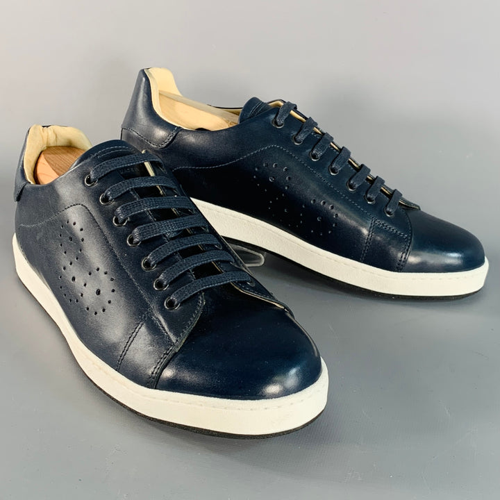 BUGATCHI Size 8 Navy Perforated Leather Low Top Sneakers