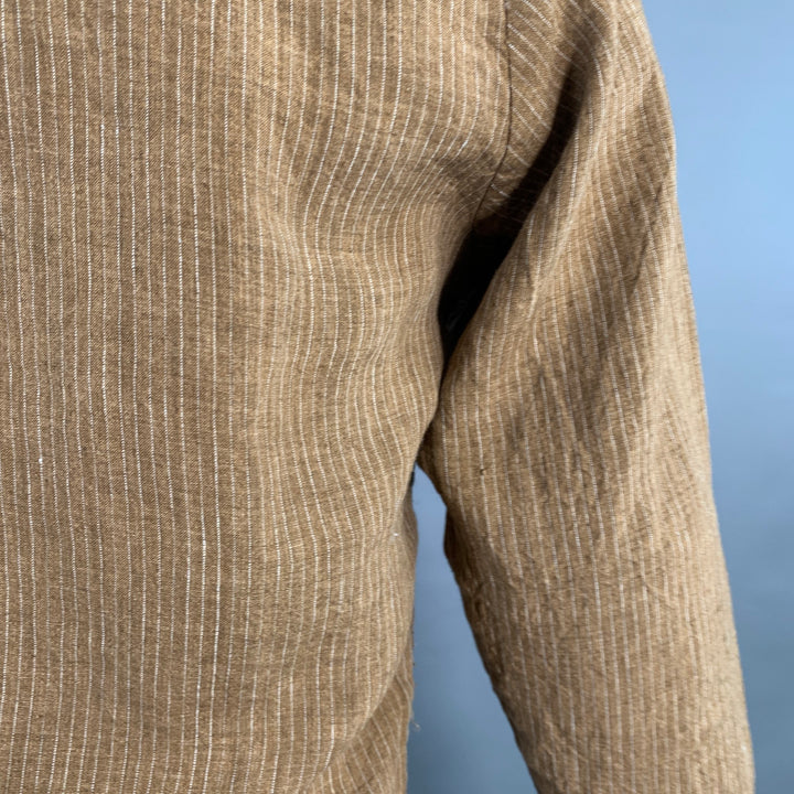 FRANK LEDER Size S Brown White Stripe Linen Spread Collar Long Sleeve Shirt