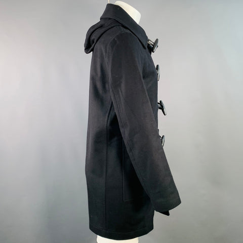 SANDRO Size S Navy Black Wool Blend Faux Leather Trim Toggle Closure Coat