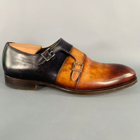 MAGNANNI Size 9.5 Neto Brown Navy Leather Monk Strap Loafers