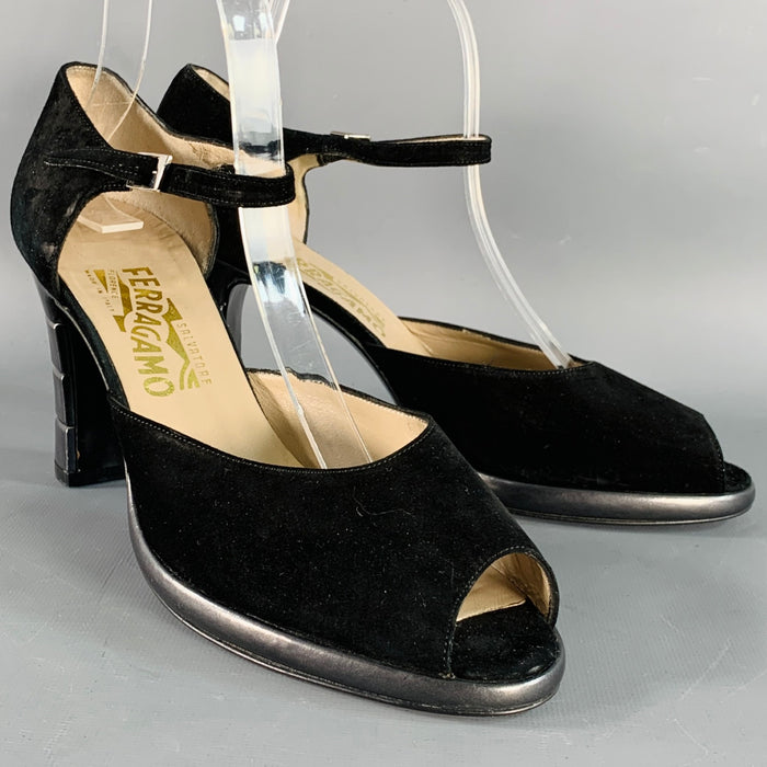 SALVATORE FERRAGAMO Size 9 Black Suede Peep Toe Stacked Heel Ankle Strap Sandals