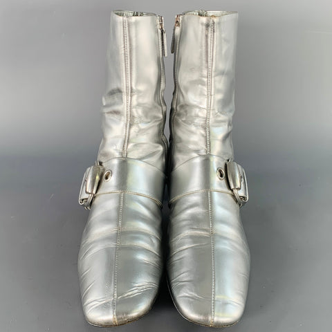 GUCCI Size 8.5 Metallic Silver Leather Side Zipper Ankle Boots