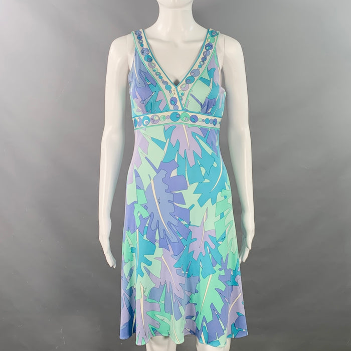 EMILIO PUCCI Size 8 Blue Green Silk Leaves V-Neck Midi Dress