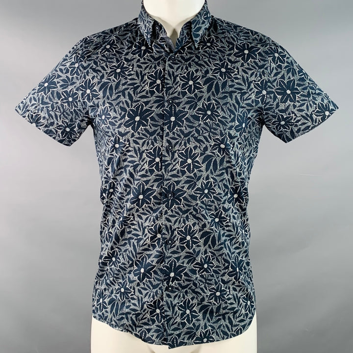 TED BAKER Size XS Calous Navy White Abstract Floral Cotton Short Sleeve Shirt