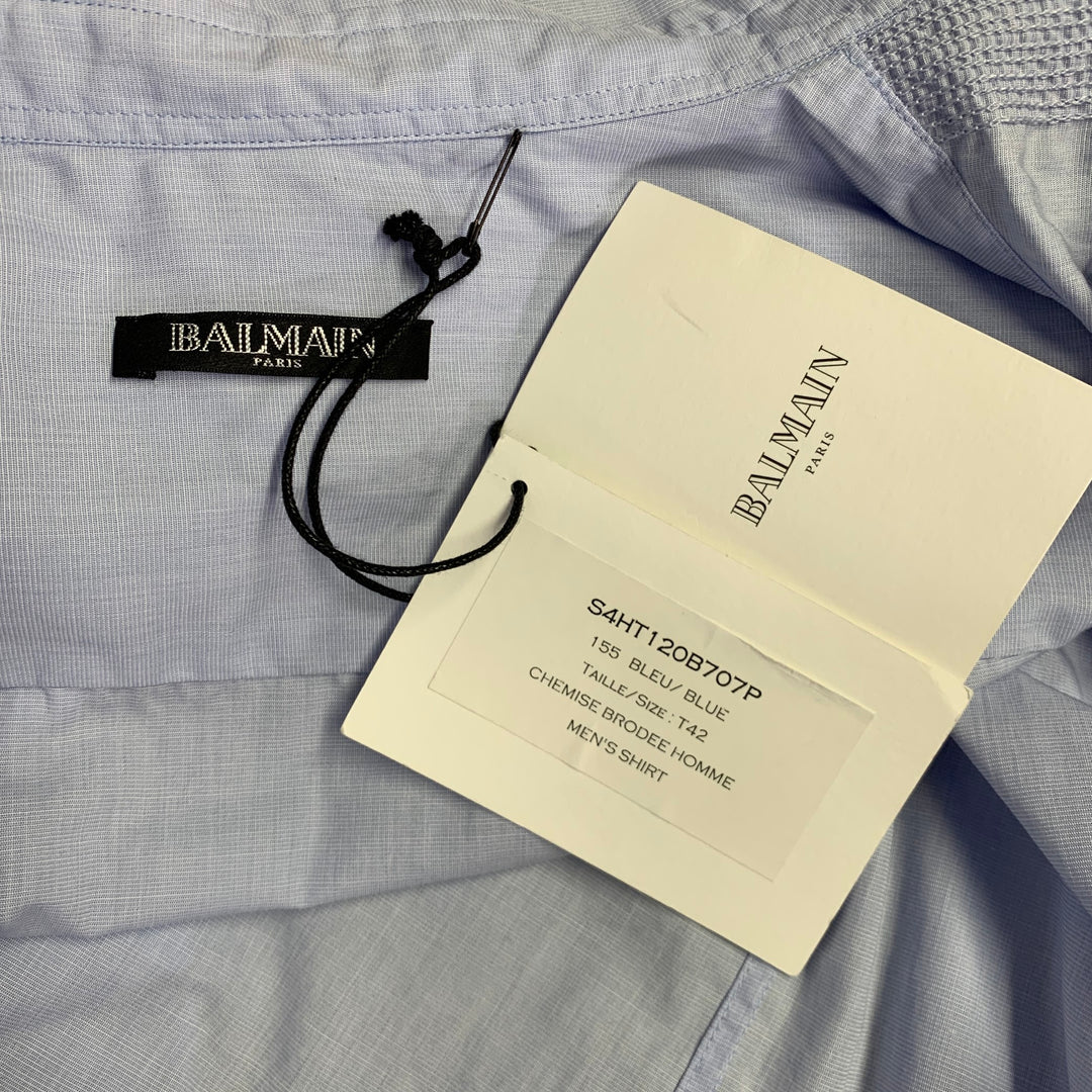 BALMAIN Size L Blue Light Blue Embroidery Cotton Long Sleeve Shirt