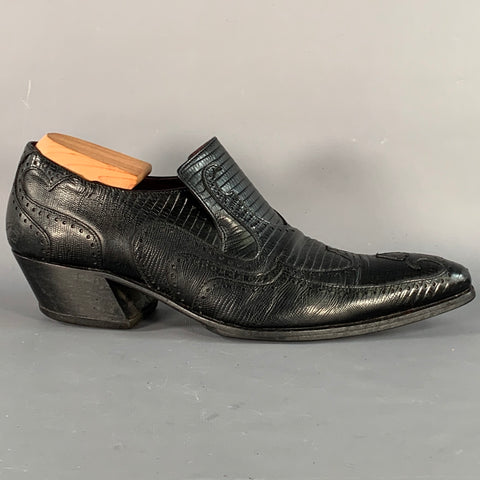 JOHN FLUEVOG Size 9 Black Lizard Embossed Leather Wingtip Chunky Heeled Loafers