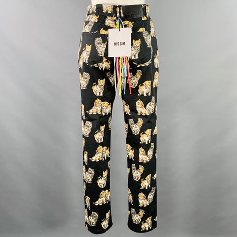 MSGM Size 4 Black Khaki White Cats Cotton Jean Cut Casual Pants
