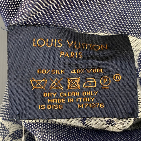 LOUIS VUITTON Blue Grey Monogram Silk Wool Square Fringe Scarf Shawl