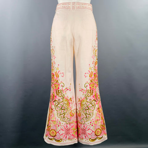 ZIMMERMANN Size S Pink Olive Linen Embroidered High Waisted Dress Pants