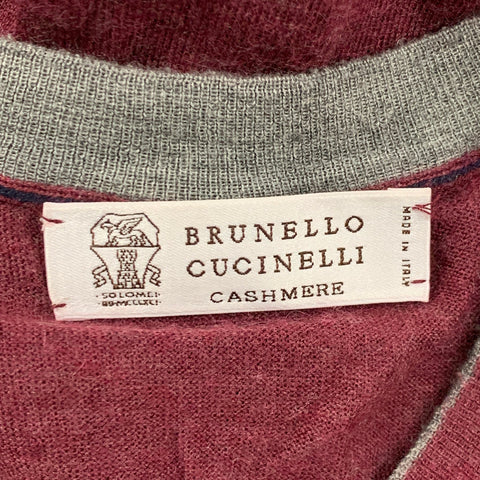 BRUNELLO CUCINELLI Size S Burgundy Cashmere Silk V-Neck Sweater