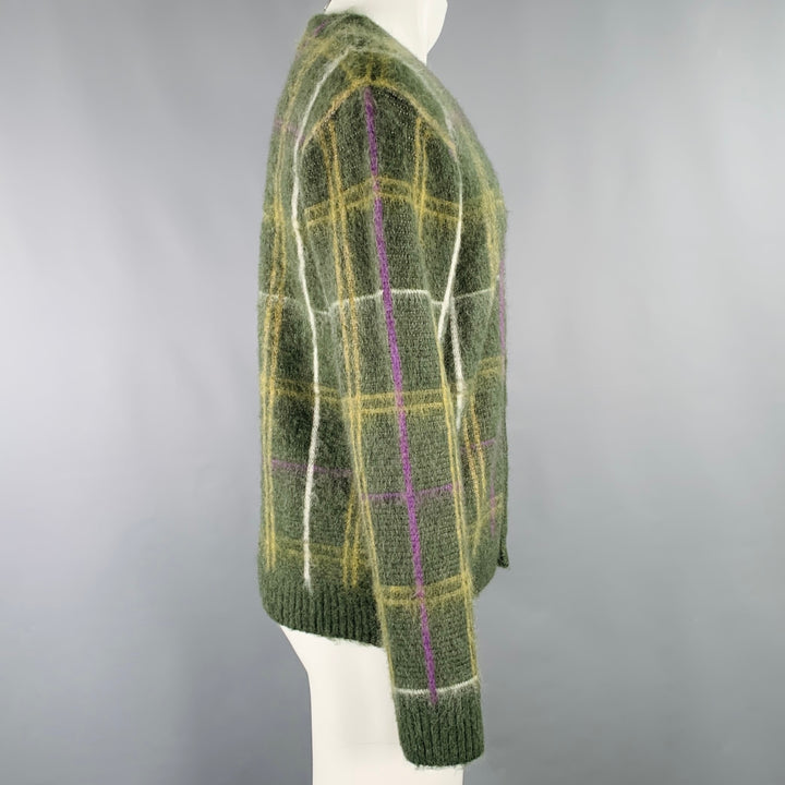 NEEDLES Size XS Green Purple Yellow Plaid Mohair Blend Knit Cardigan