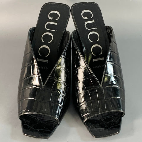 GUCCI Size 9.5 Black Croc Embossed Leather Mules Pumps