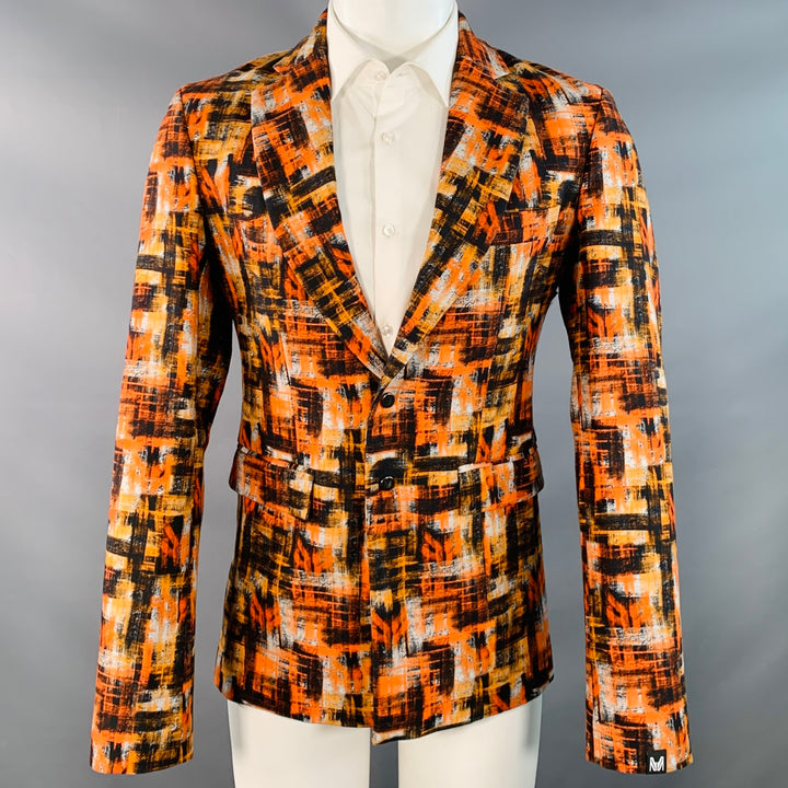 MARCELL VON BERLIN Size 36 Orange Black White Abstract Print Cotton Slim Fit Sport Coat
