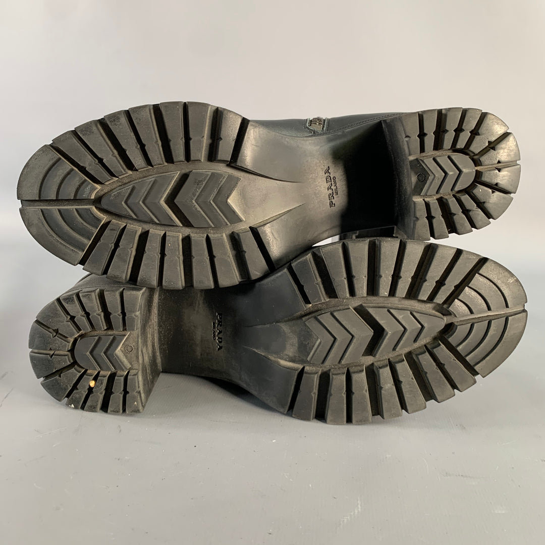 PRADA Size 6 Black Leather Tread Sole Stacked Heel Boots