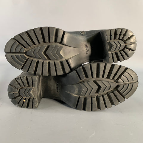 PRADA Size 6 Black Leather Tread Sole Stacked Heel Boots