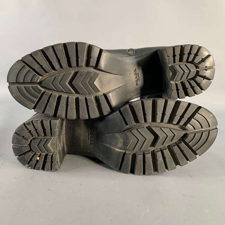 PRADA Size 6 Black Leather Tread Sole Stacked Heel Boots