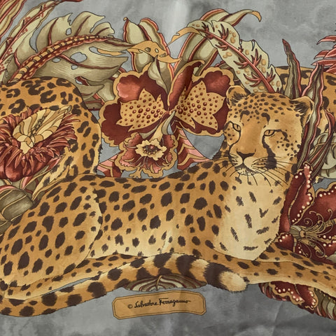 SALVATORE FERRAGAMO Grey Orange Red Leopard Floral Silk Scarf Shawl