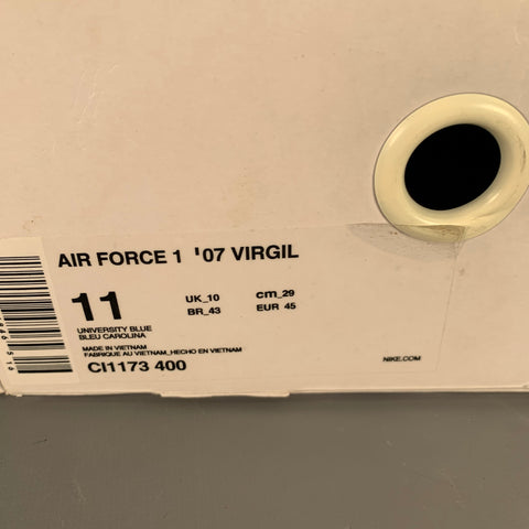 NIKE x OFF-WHITE Size 11 Air Force 1 '07 Virgil Blue Silver Logo Sneakers