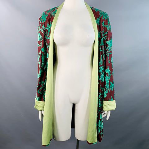 JEAN PAUL GAULTIER Vintage SS96 CYBERBABA Size 12 Burgundy Green Rayon Burnout Open Front Scarf Coat