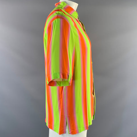 SANDRO SS2020 Size XXL Green Orange & Pink Stripe Viscose Button Up Short Sleeve Shirt