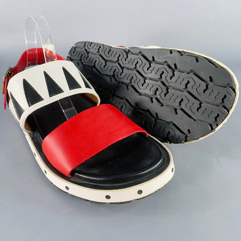 MARNI Size 10 Red Black White Color Block Leather Buckle Sandals