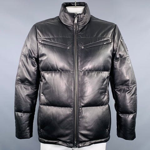 MOOSE KNUCKLES Size L Black Quilted Lambskin Leather Zip Pockets Coat