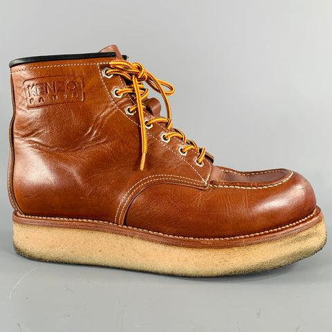 KENZO Size 9.5 Brown Contrast Stitch Leather Lace-Up Zipper Boots