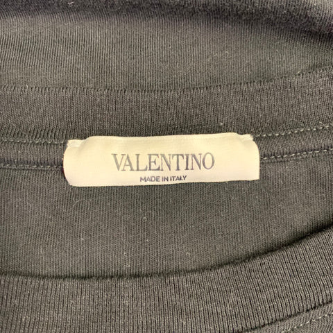 VALENTINO Size L Black Blue Logo Cotton Crew Neck T-shirt