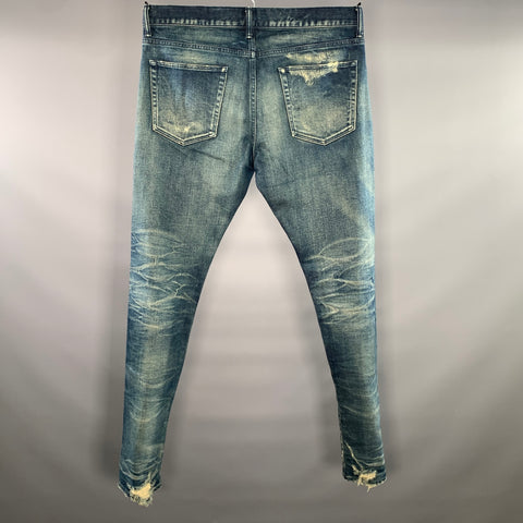JOHN ELLIOTT Size 34 Blue Distressed Denim Button Fly Jeans