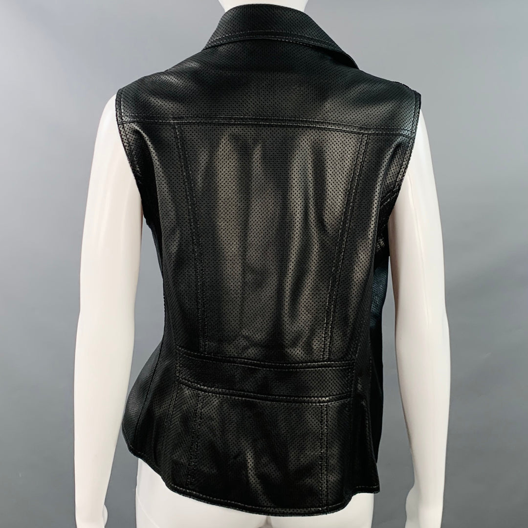 AKRIS Size 8 Black Perforated Lambskin Leather Zip Up Vest