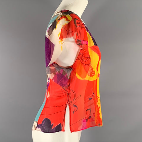 CHRISTIAN LACROIX Size S Red Yellow Silk Floral V-Neck Blouse