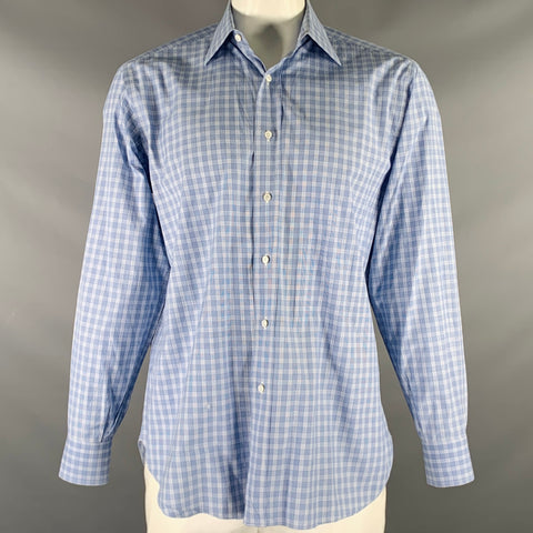 BRIONI Size L Blue Light Blue Plaid Cotton Button Up Long Sleeve Shirt