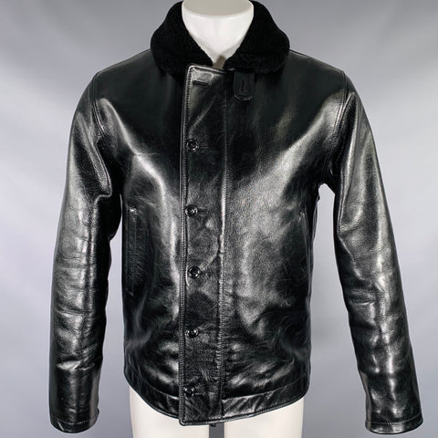 Y'2LEATHER Size M -Aniline N-1- Black Horsehide Leather Zip Up Buttons Jacket