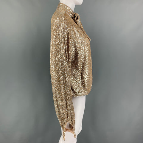 JONATHAN SIMKHAI Size L Champagne Polyester Sequined Bodysuit Shirt