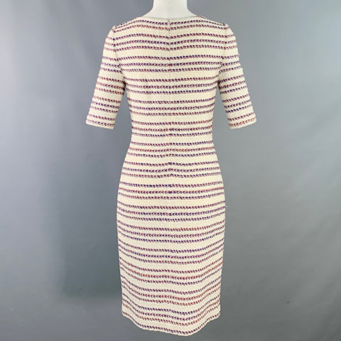 ST. JOHN Size 2 Cream Red Blue Cotton Blend Stripe Sheath Midi Dress