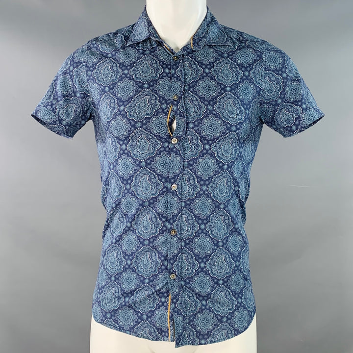 TED BAKER Size XS Bcrumbs Navy Green Paisley Cotton Spread Collar Short Sleeve Shirt