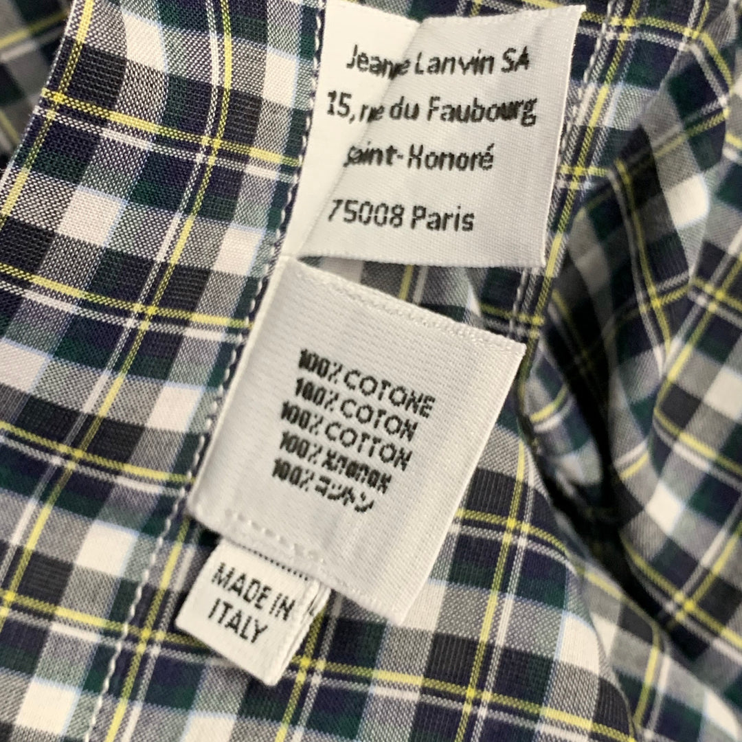 LANVIN Size M Navy Green White Plaid Cotton Contrast Collar Long Sleeve Shirt
