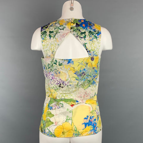 ERDEM Size 4 Green & Yellow Floral Cotton Sleeveless Blouse