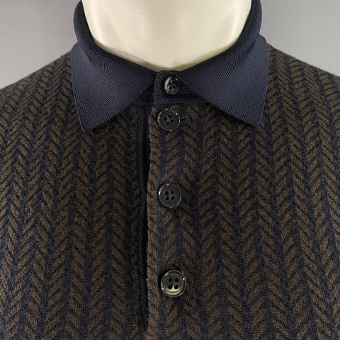 EMPORIO ARMANI Size S Brown Navy Herringbone Wool Blend Polo Sweater