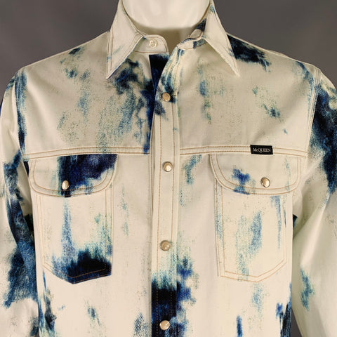 ALEXANDER MCQUEEN 2022 Size 40 White Blue Tie Dye Cotton Long Sleeve Shirt