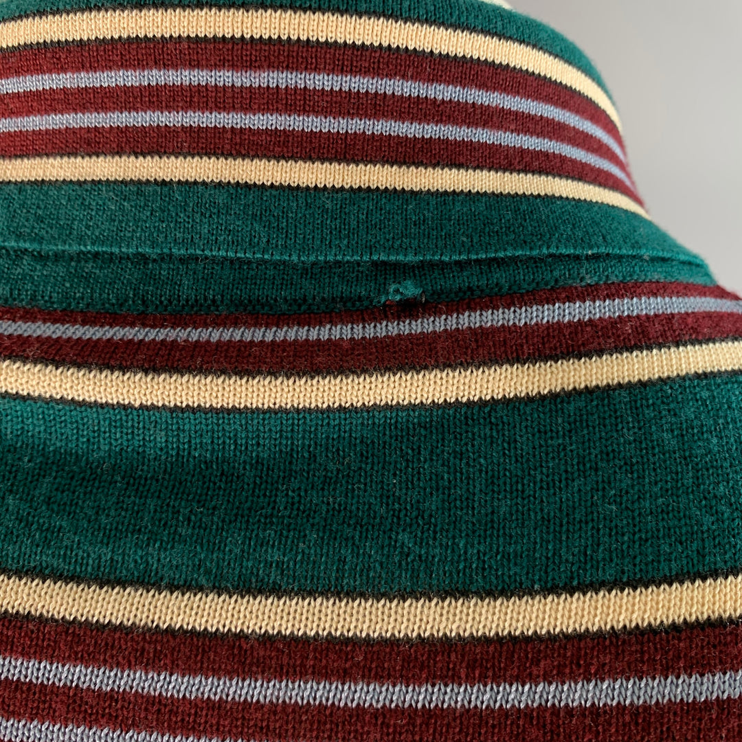 PRADA Size L Green Burgundy & White Stripe Virgin Wool / Silk Half Placket Polo