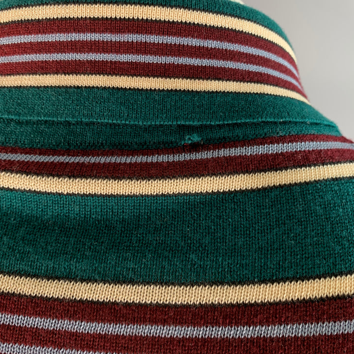 PRADA Size L Green Burgundy & White Stripe Virgin Wool / Silk Half Placket Polo