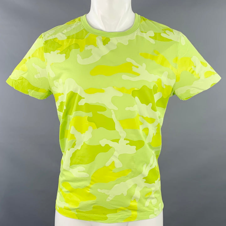 VALENTINO Size M Neon Green Yellow Camouflage Cotton Crew Neck T-shirt