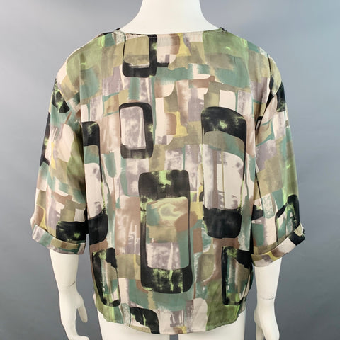 EMILIO PUCCI Size L Green Black Silk Graphic Sequined Cuffed Blouse