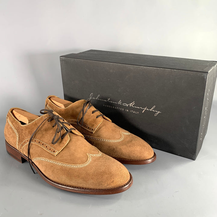 JOHNSTON & MURPHY Size 10 Brown Contrast Stitch Suede Wingtip Lace-Up Shoes